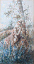 Load image into Gallery viewer, 19th Century English School Watercolour: Young woman resting against a tree watercolour
