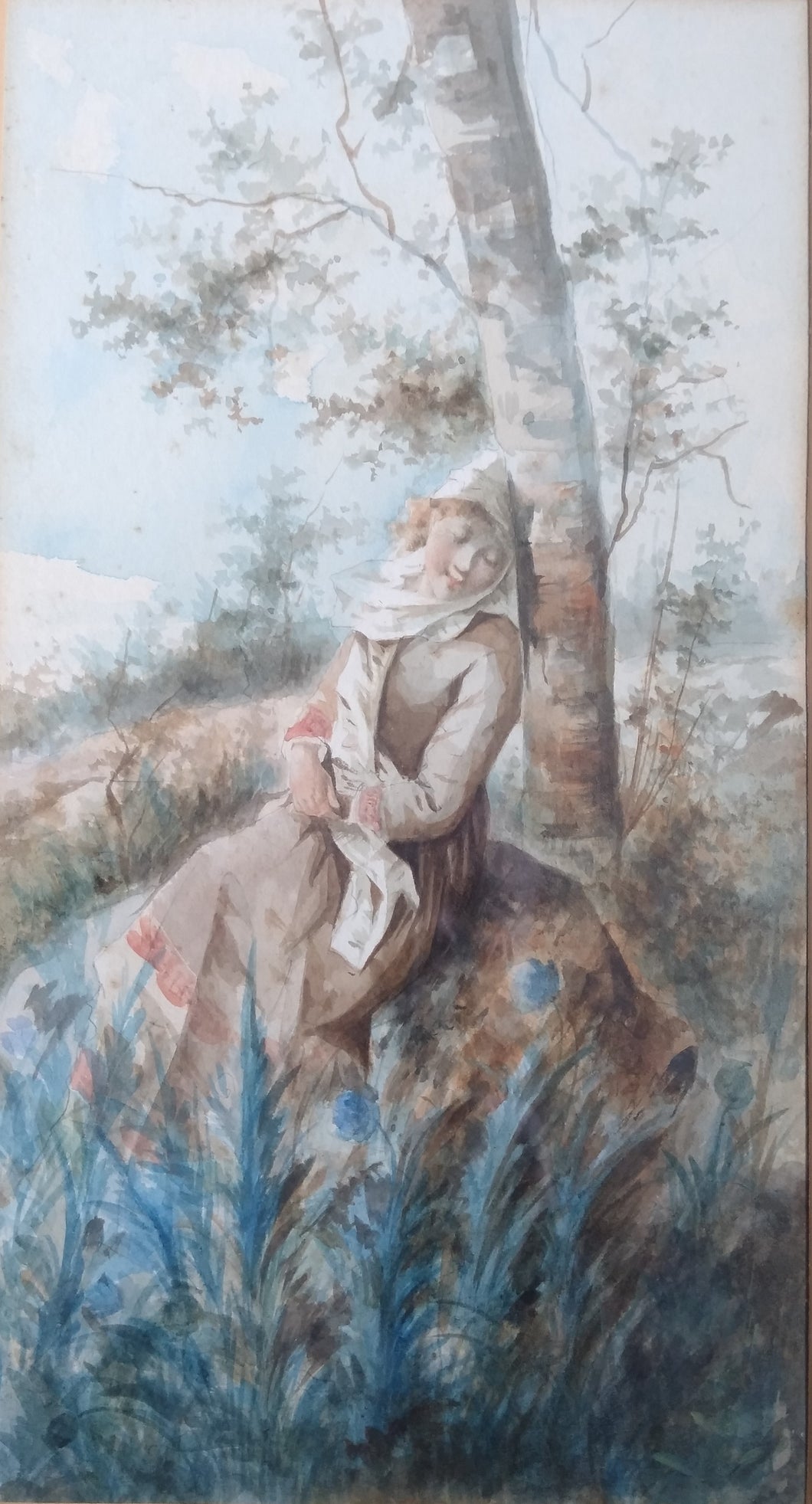 19th Century English School Watercolour: Young woman resting against a tree watercolour