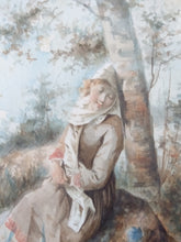 Load image into Gallery viewer, 19th Century English School Watercolour: Young woman resting against a tree watercolour
