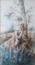 Load image into Gallery viewer, 19th Century English School Watercolour. A young woman resting against a silver birch. Gunnersbury Arts.
