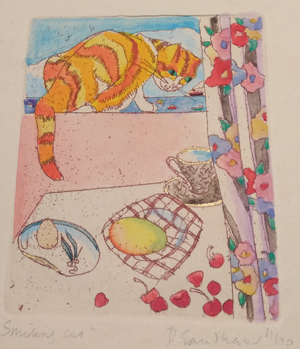 D. Earnshaw etching in colours of a smiling mischievous cat