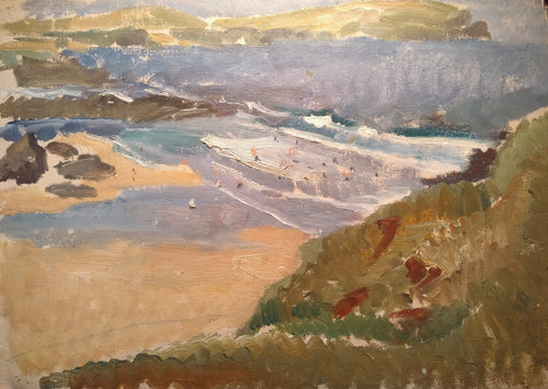 Florence May Asher 1888-1977, British artist. Seascape oil sketch. Bathers on a distant beach.