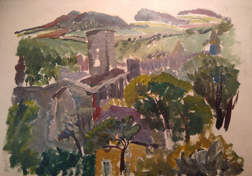 Florence May Asher 1888-1977, British artist. Landscape oil sketch. Houses seen through trees.