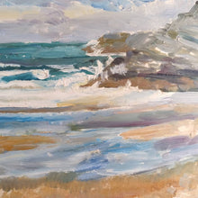 Load image into Gallery viewer, Florence May Asher 1888-1977: an oil sketch of a beach scene, waves breaking against rocks.
