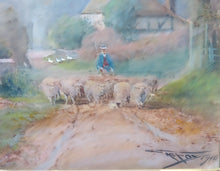 Load image into Gallery viewer, Henry Charles Fox, British 1855-1929. Shepherd in village with his flock. Watercolour. Gunnersbury Arts Ltd.
