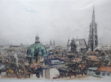 Load image into Gallery viewer, Luigi Kasimir an early 20th century etching in colours of the Vienna skyline with St. Stephen&#39;s Cathedral in the background.
