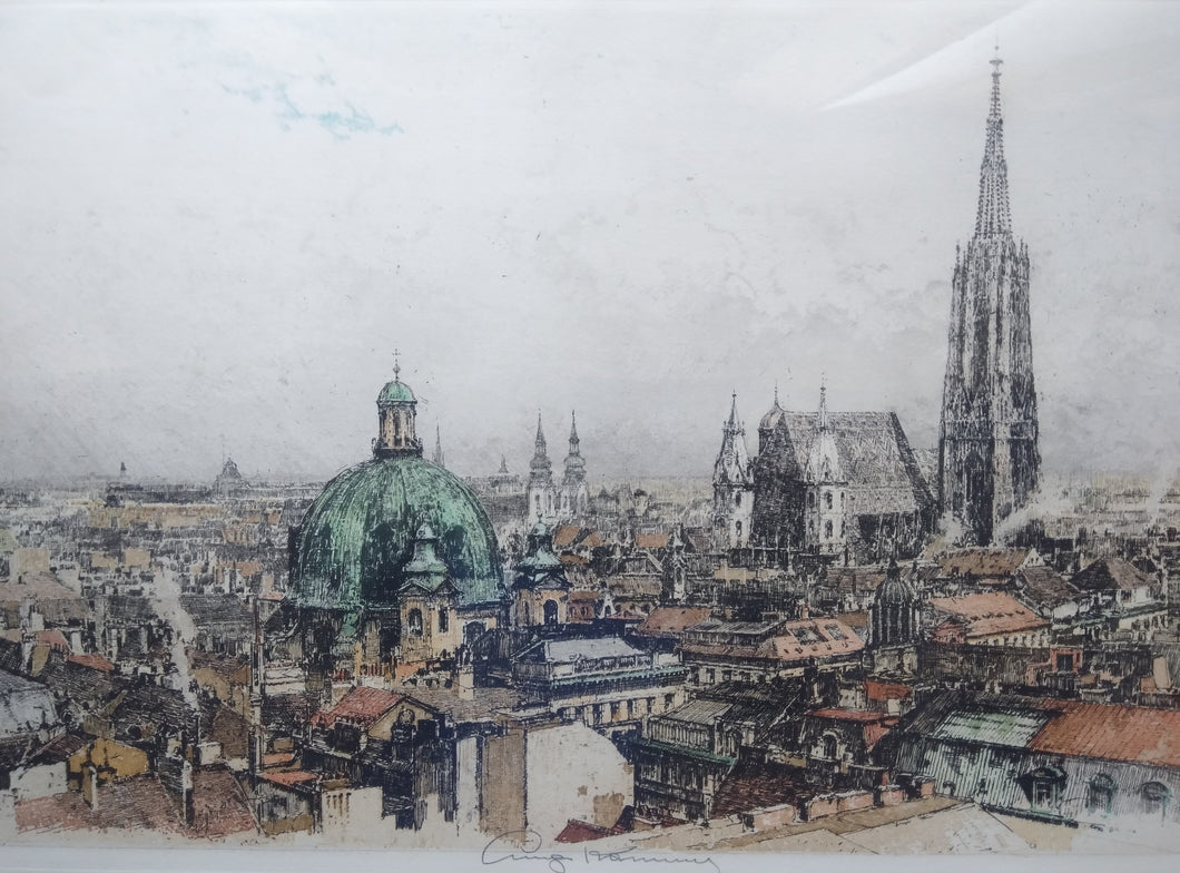 Luigi Kasimir an early 20th century etching in colours of the Vienna skyline with St. Stephen's Cathedral in the background.