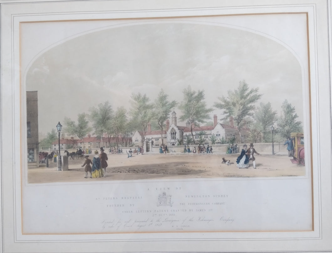 St. Peter's Hospital Stoke Newington Surrey/Fishmongers' Almshouses a hand tinted colour etching 1849