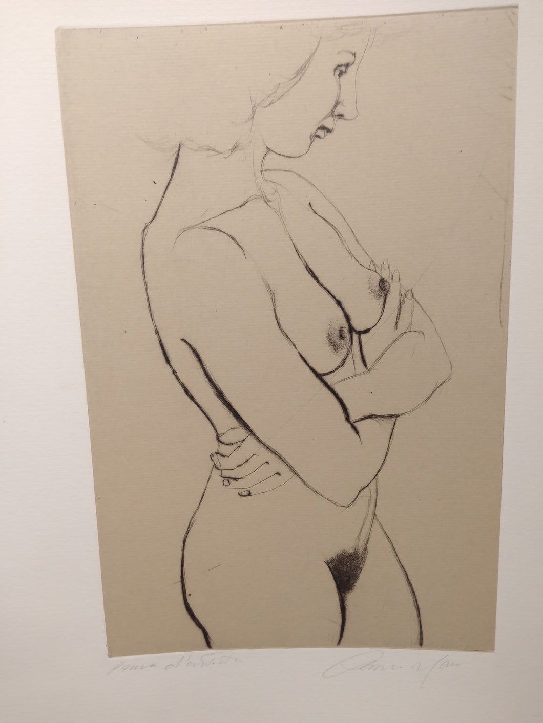 Gunnersbury Arts Ltd. Unknown Artist: black on white etching of a nude